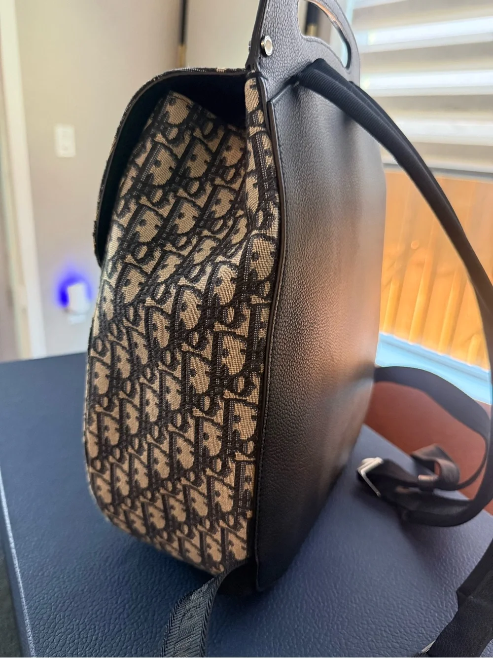 Dior Navy and White Oblique Monogram Backpack with Black Leather Trim